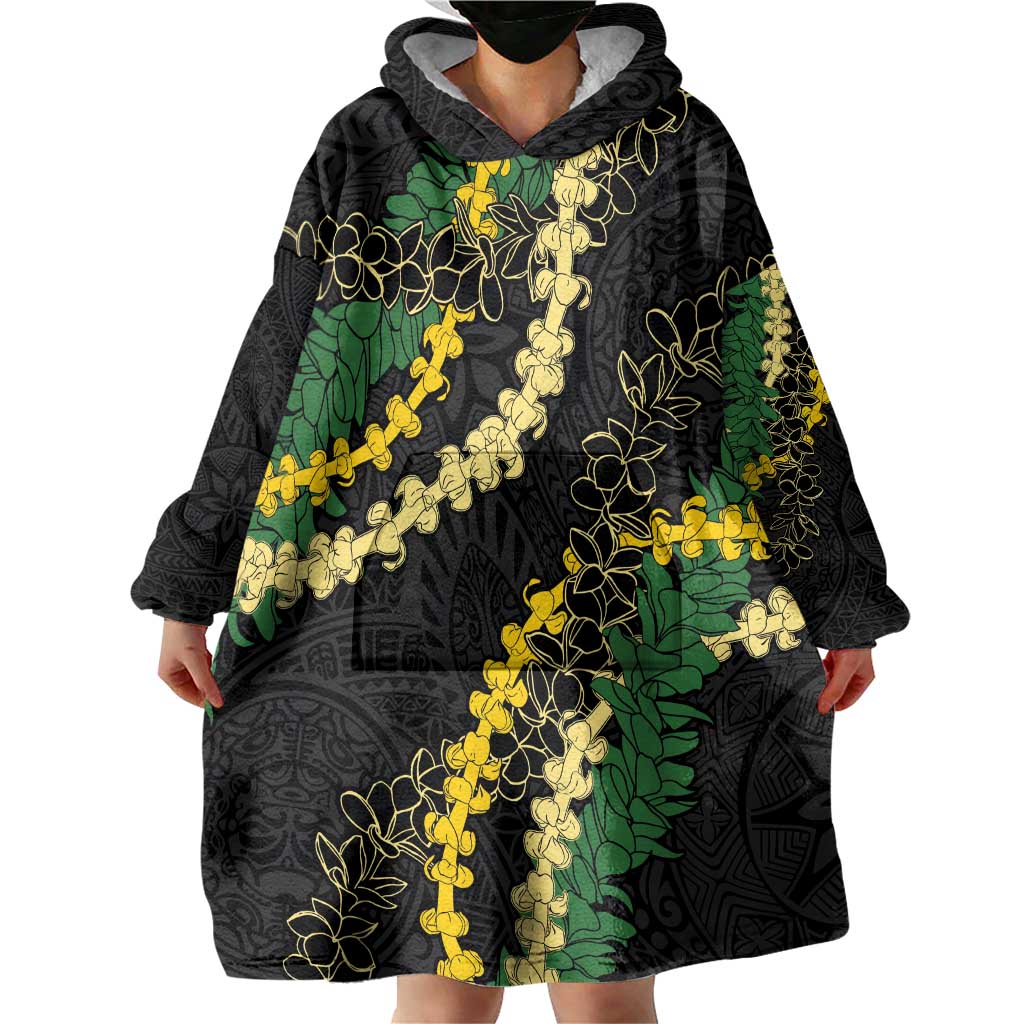 Hawaii Puakenikeni - Maile Lei Wearable Blanket Hoodie Obsidian Black LT7 - Polynesian Pride