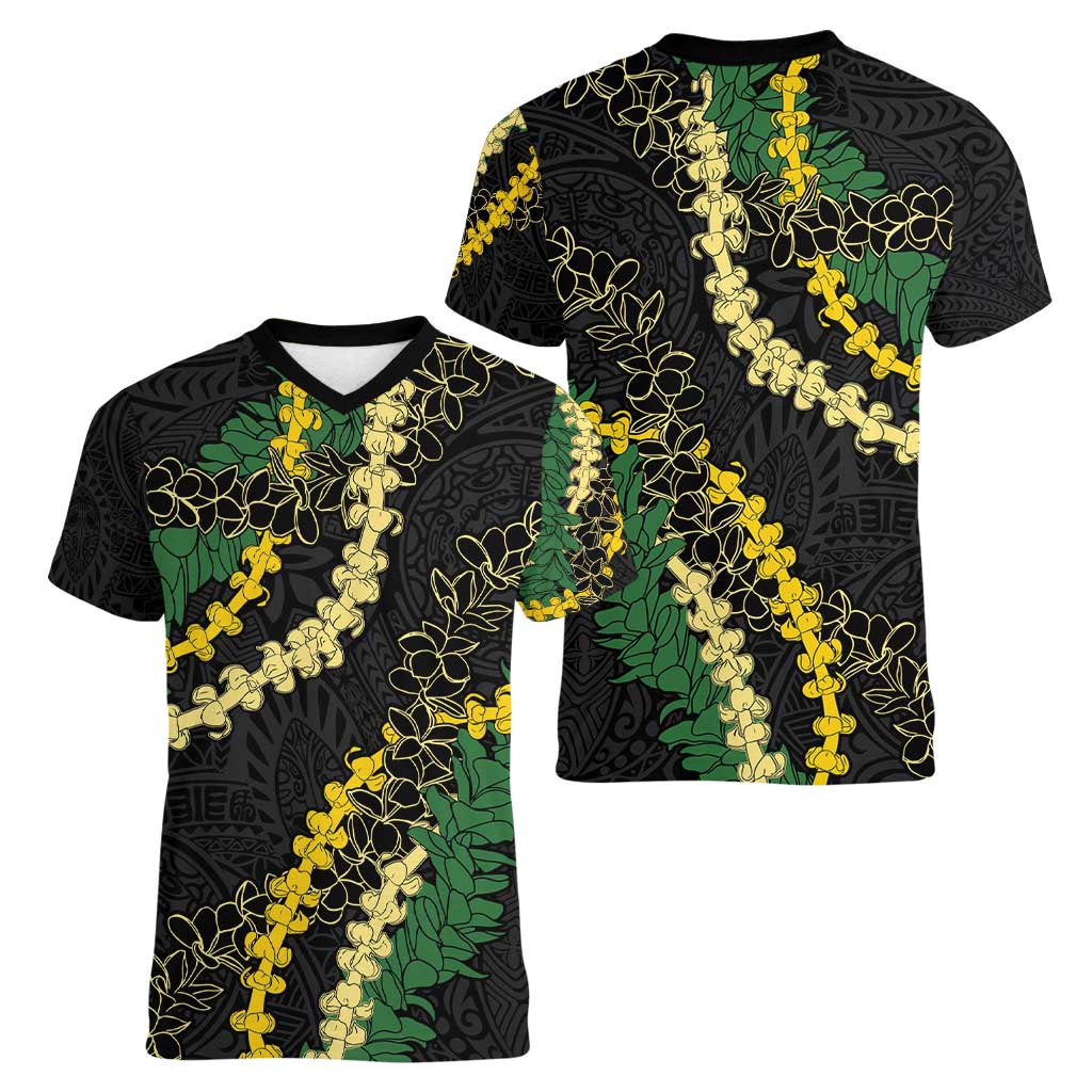 Hawaii Puakenikeni - Maile Lei Women V-Neck T-Shirt Obsidian Black LT7 - Polynesian Pride