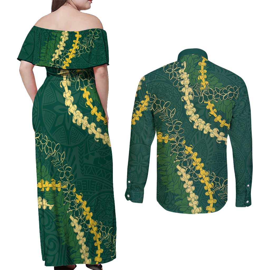 Hawaii Puakenikeni - Maile Lei Couples Matching Off Shoulder Maxi Dress and Long Sleeve Button Shirt Sage Green LT7 - Polynesian Pride