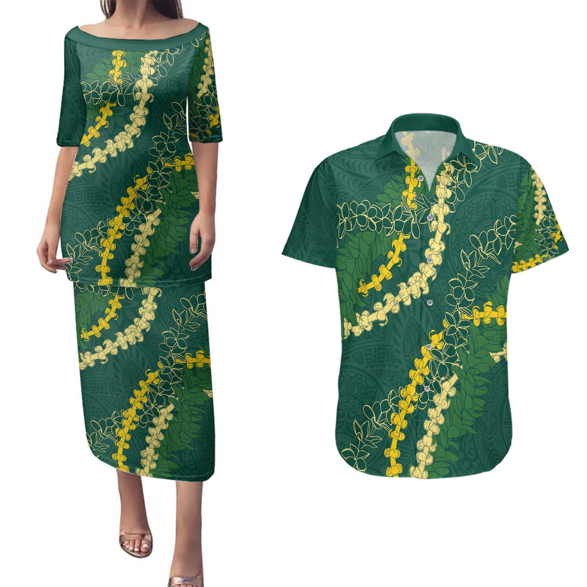 Hawaii Puakenikeni - Maile Lei Couples Matching Puletasi and Hawaiian Shirt Sage Green LT7 Sage Green - Polynesian Pride
