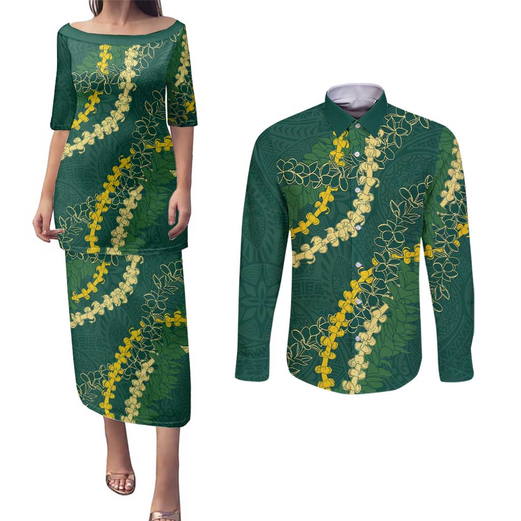 Hawaii Puakenikeni - Maile Lei Couples Matching Puletasi and Long Sleeve Button Shirt Sage Green LT7 Sage Green - Polynesian Pride