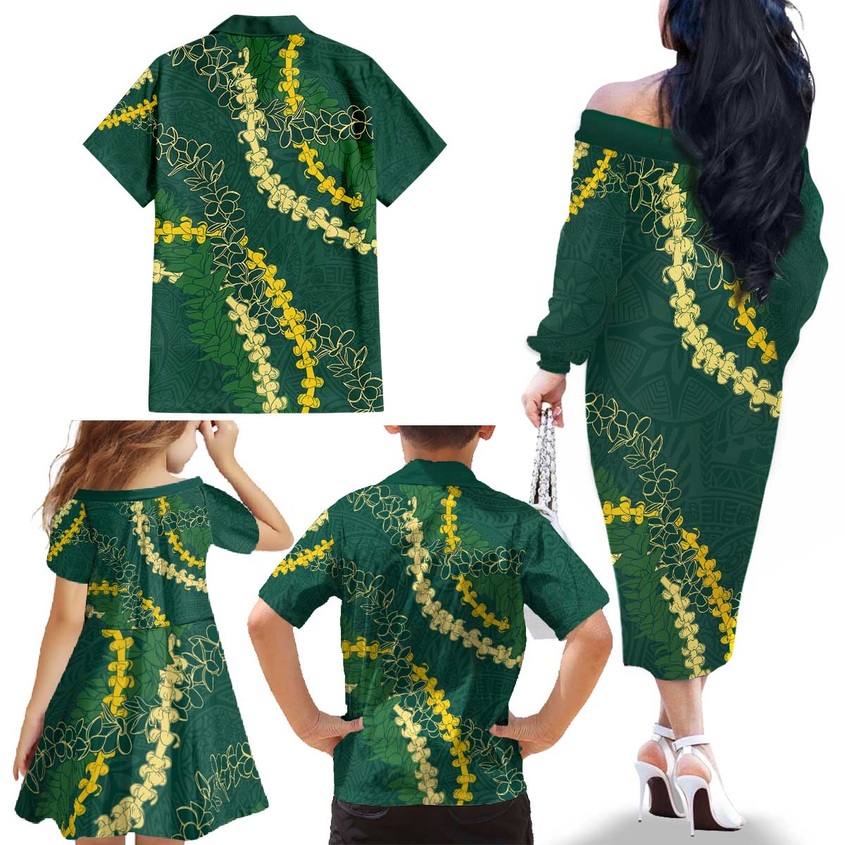 Hawaii Puakenikeni - Maile Lei Family Matching Off The Shoulder Long Sleeve Dress and Hawaiian Shirt Sage Green