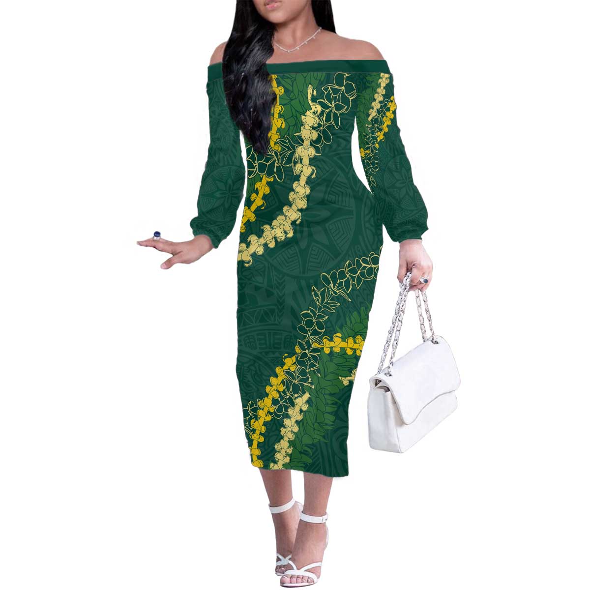 Hawaii Puakenikeni - Maile Lei Family Matching Off The Shoulder Long Sleeve Dress and Hawaiian Shirt Sage Green