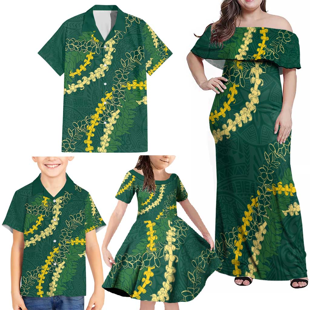 Hawaii Puakenikeni - Maile Lei Family Matching Off Shoulder Maxi Dress and Hawaiian Shirt Sage Green