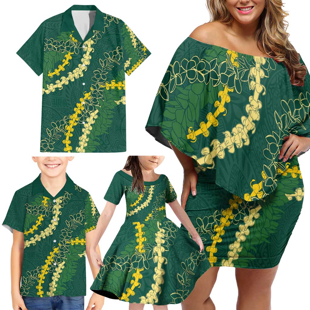 Hawaii Puakenikeni - Maile Lei Family Matching Off Shoulder Short Dress and Hawaiian Shirt Sage Green