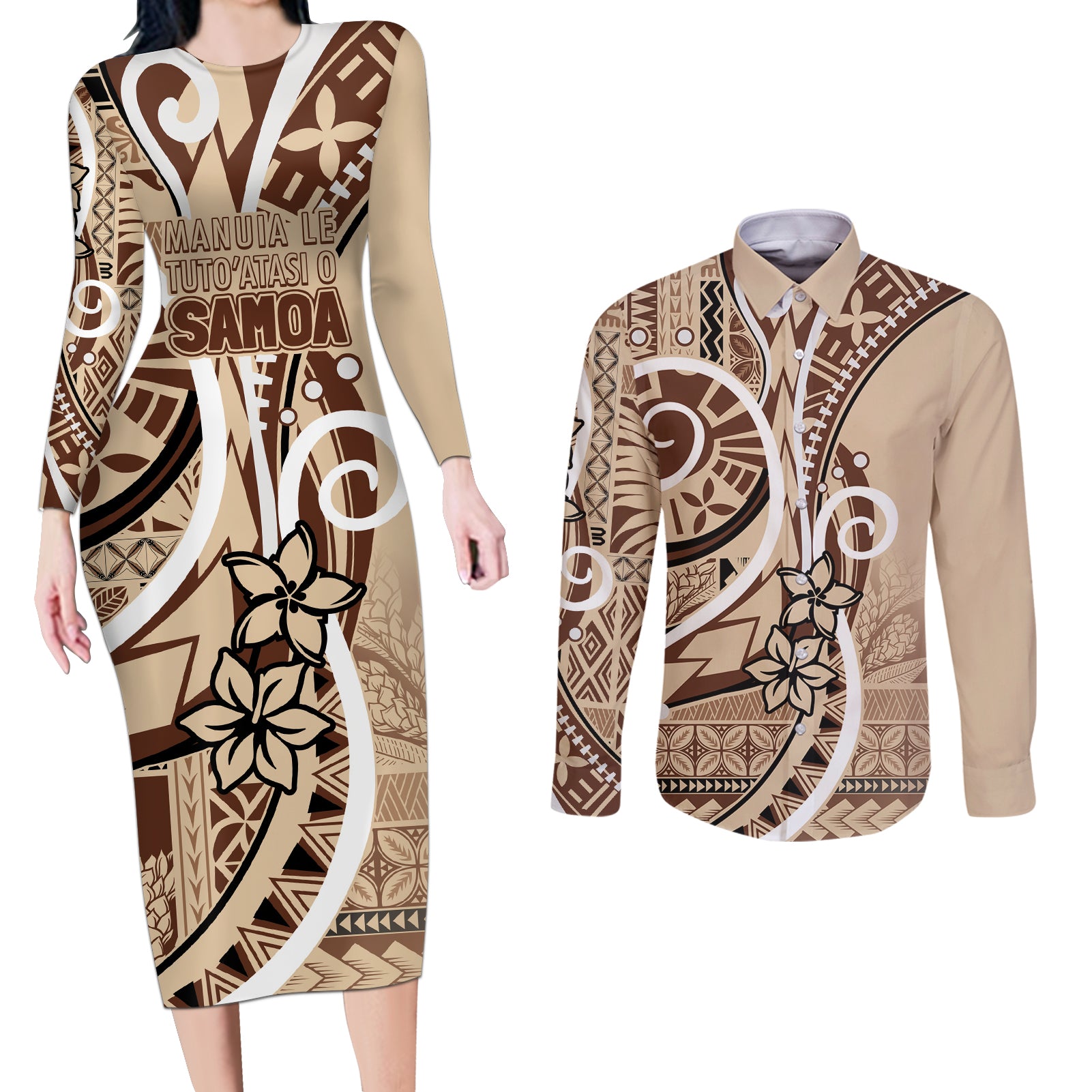 Samoa Siapo Classic Motif Couples Matching Long Sleeve Bodycon Dress and Long Sleeve Button Shirt Manuia le tuto’atasi o Samoa Independence