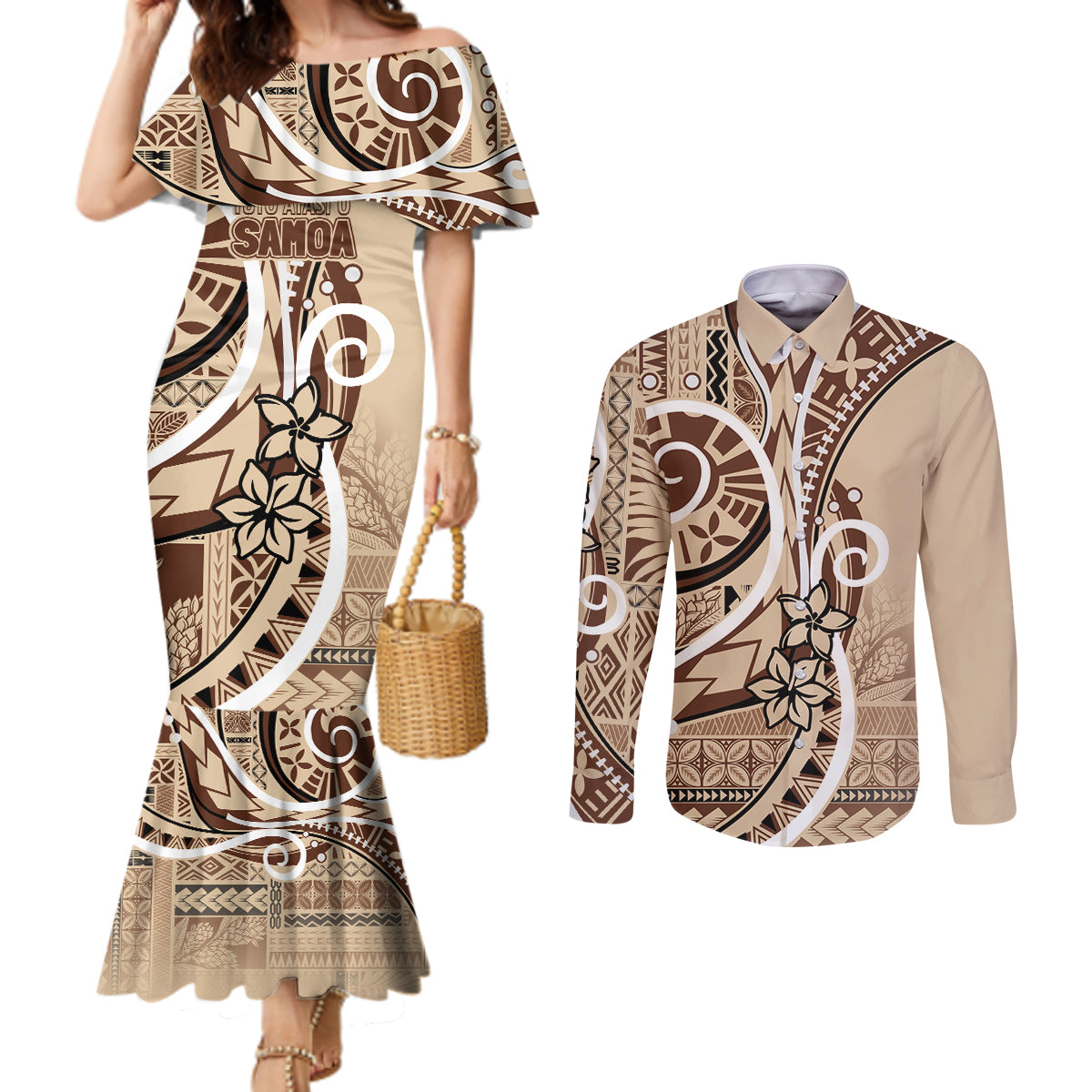 Samoa Siapo Classic Motif Couples Matching Mermaid Dress and Long Sleeve Button Shirt Manuia le tuto’atasi o Samoa Independence