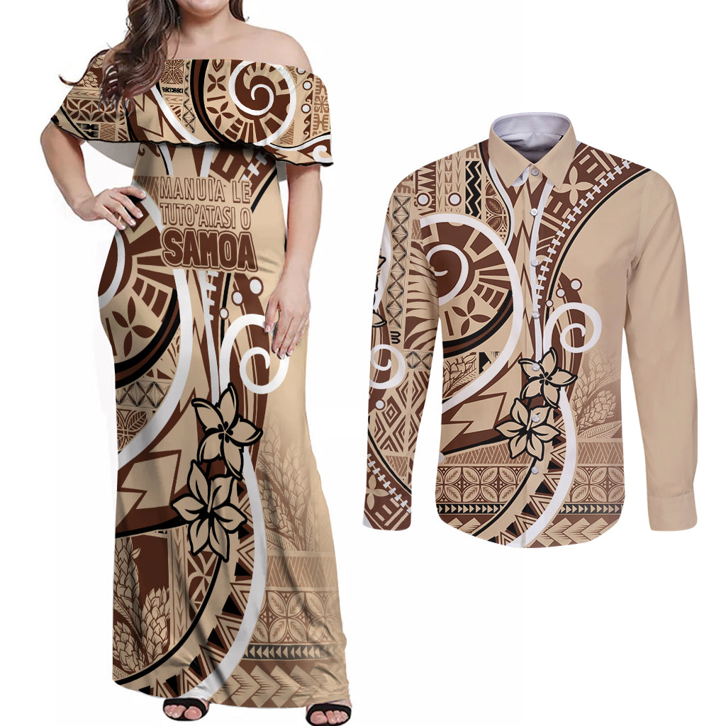 Samoa Siapo Classic Motif Couples Matching Off Shoulder Maxi Dress and Long Sleeve Button Shirt Manuia le tuto’atasi o Samoa Independence