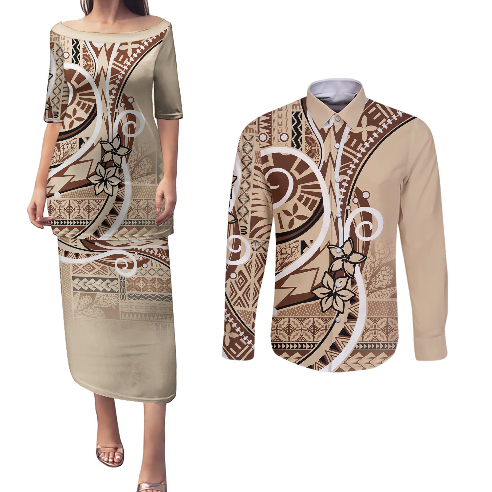 Samoa Siapo Classic Motif Couples Matching Puletasi and Long Sleeve Button Shirt Manuia le tuto’atasi o Samoa Independence