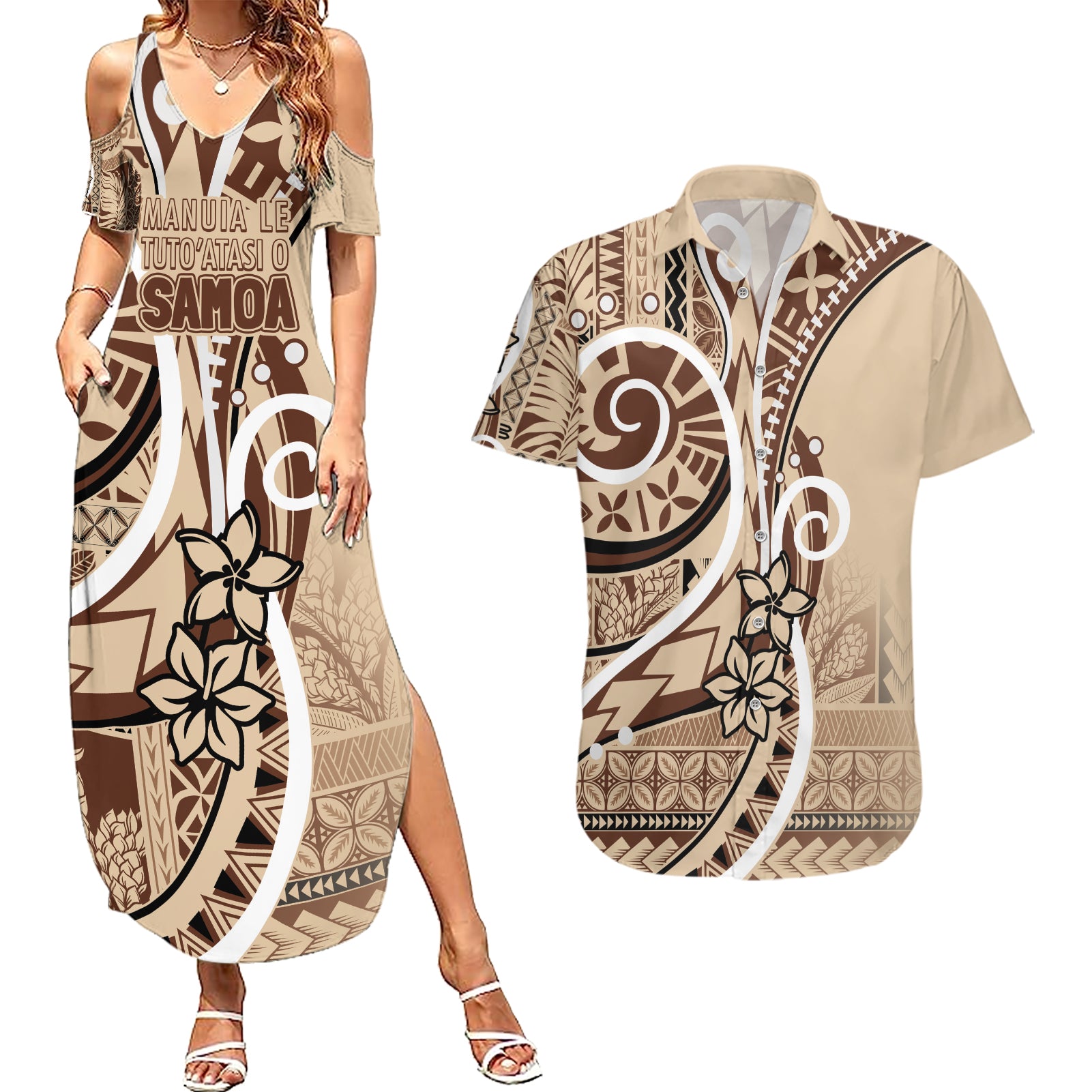 Samoa Siapo Classic Motif Couples Matching Summer Maxi Dress and Hawaiian Shirt Manuia le tuto’atasi o Samoa Independence