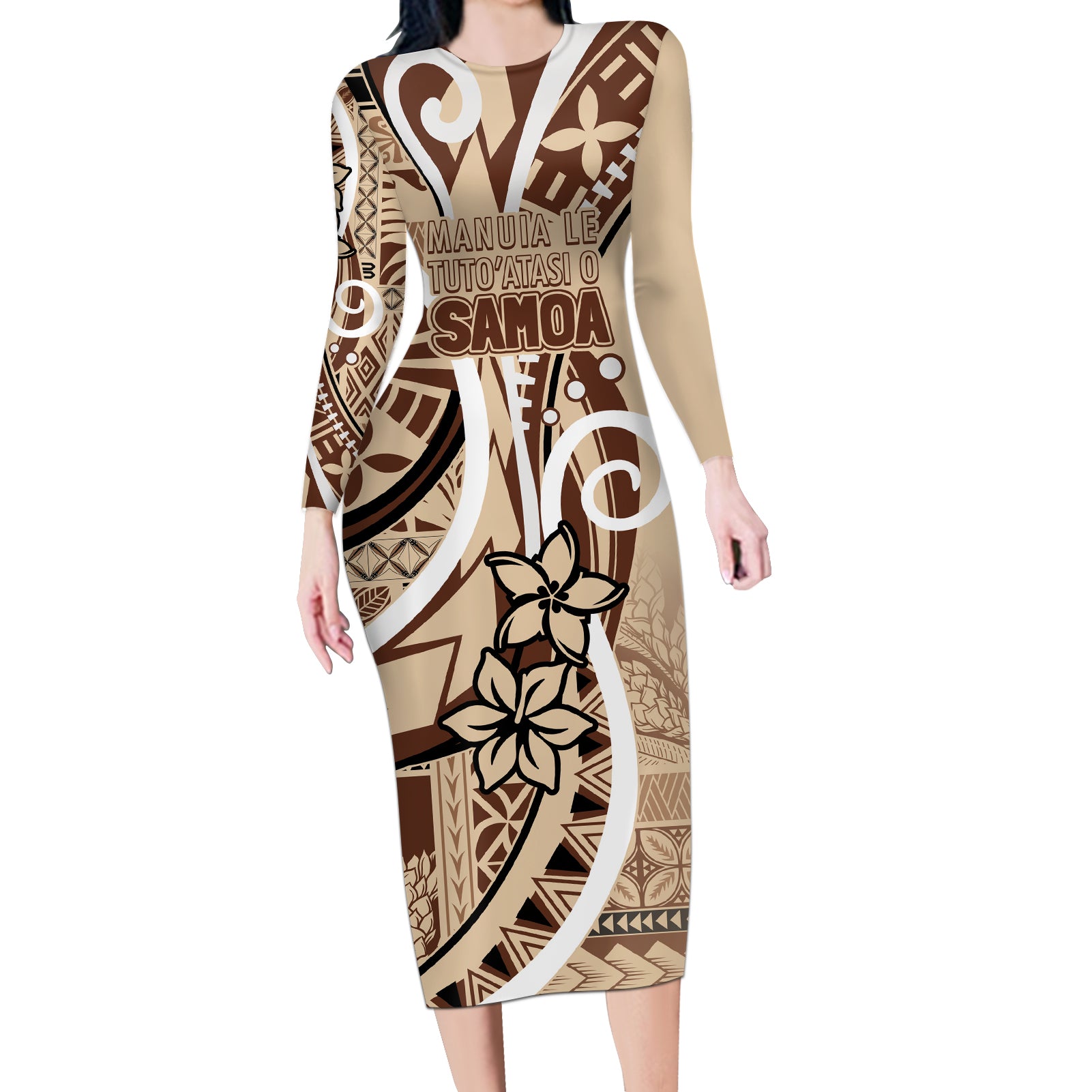 Samoa Siapo Classic Motif Long Sleeve Bodycon Dress Manuia le tuto’atasi o Samoa Independence