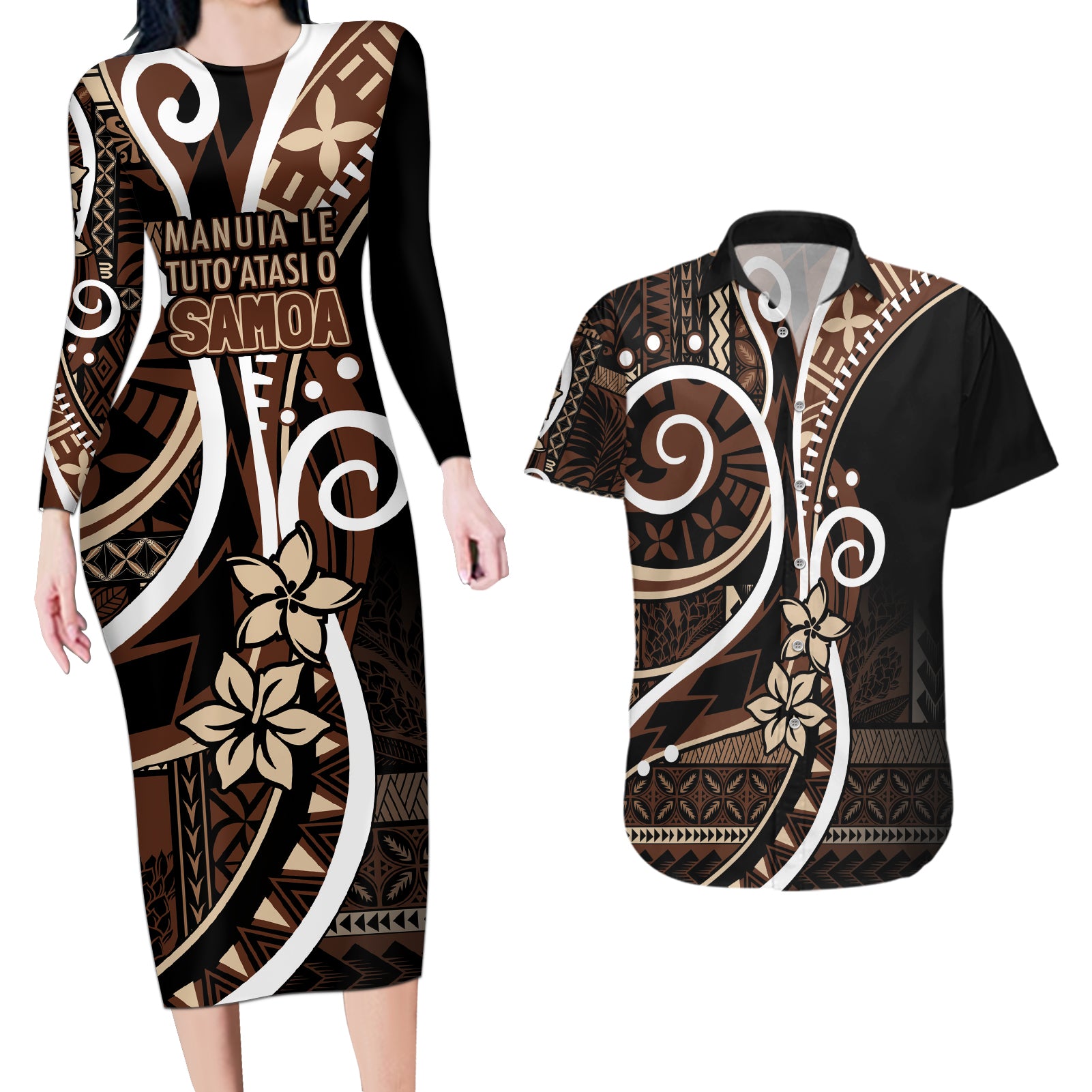 Samoa Siapo Classic Motif Couples Matching Long Sleeve Bodycon Dress and Hawaiian Shirt Manuia le tuto’atasi o Samoa Independence Black Style