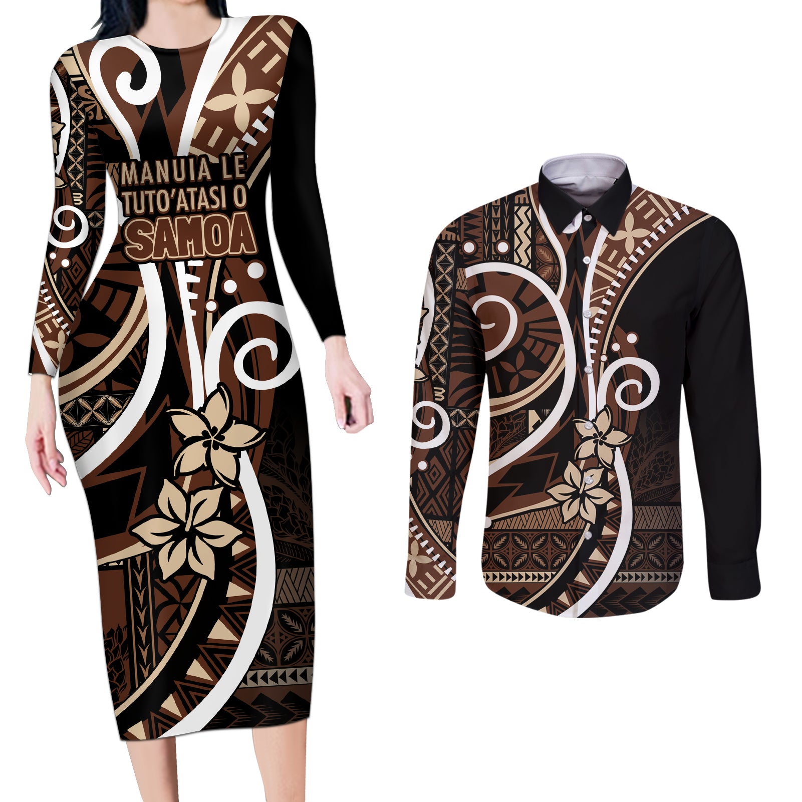 Samoa Siapo Classic Motif Couples Matching Long Sleeve Bodycon Dress and Long Sleeve Button Shirt Manuia le tuto’atasi o Samoa Independence Black Style