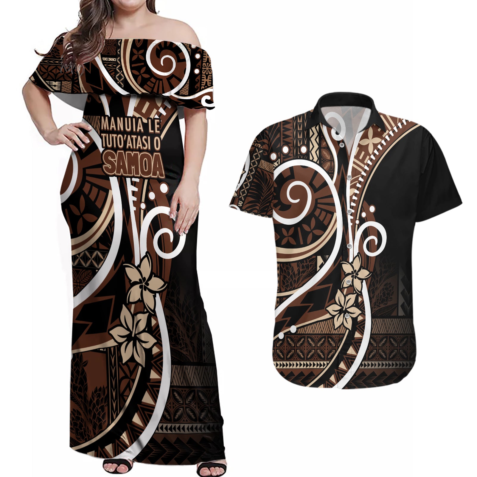 Samoa Siapo Classic Motif Couples Matching Off Shoulder Maxi Dress and Hawaiian Shirt Manuia le tuto’atasi o Samoa Independence Black Style