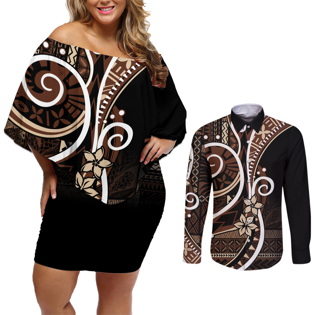 Samoa Siapo Classic Motif Couples Matching Off Shoulder Short Dress and Long Sleeve Button Shirt Manuia le tuto’atasi o Samoa Independence Black Style