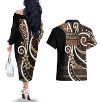 Samoa Siapo Classic Motif Couples Matching Off The Shoulder Long Sleeve Dress and Hawaiian Shirt Manuia le tuto’atasi o Samoa Independence Black Style