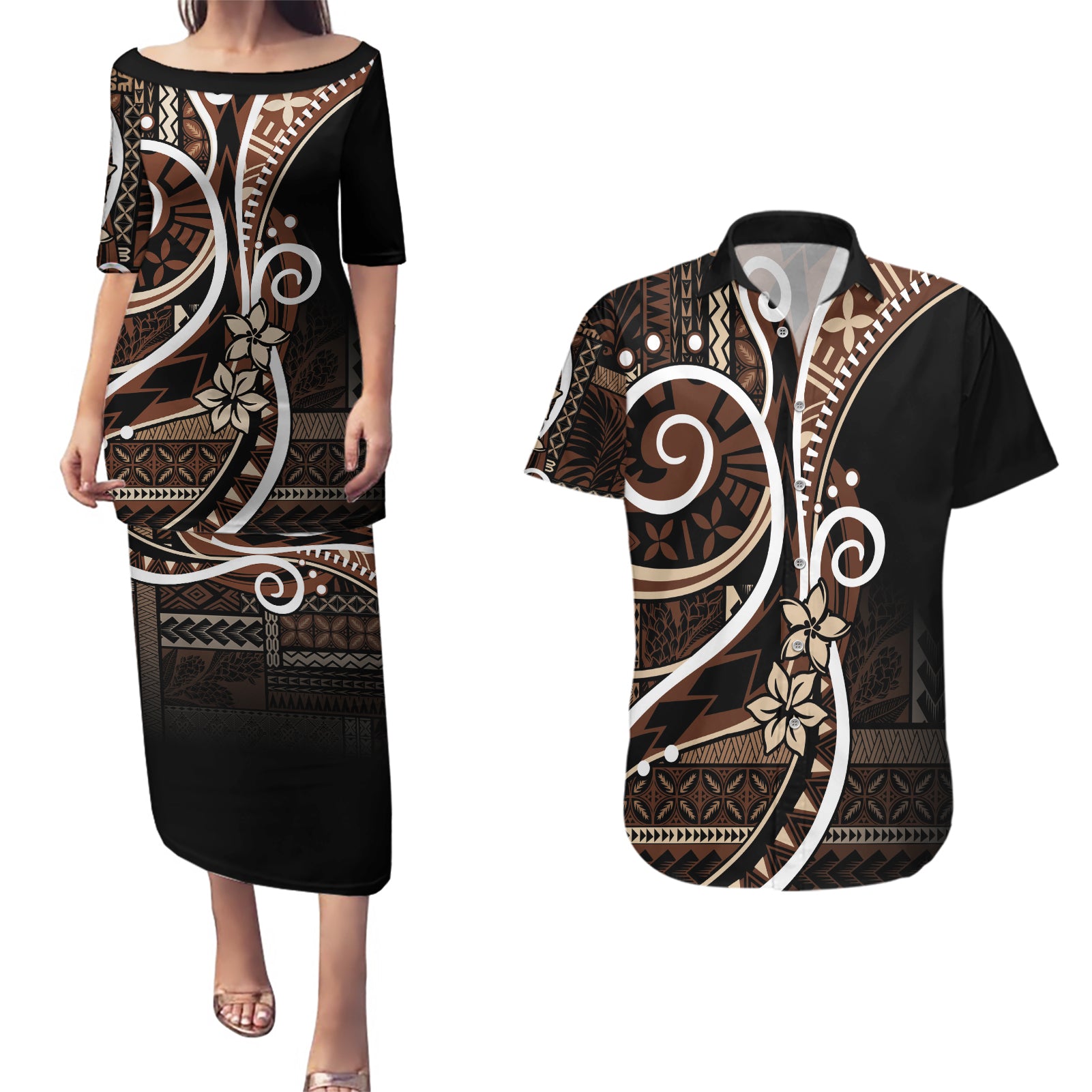 Samoa Siapo Classic Motif Couples Matching Puletasi and Hawaiian Shirt Manuia le tuto’atasi o Samoa Independence Black Style