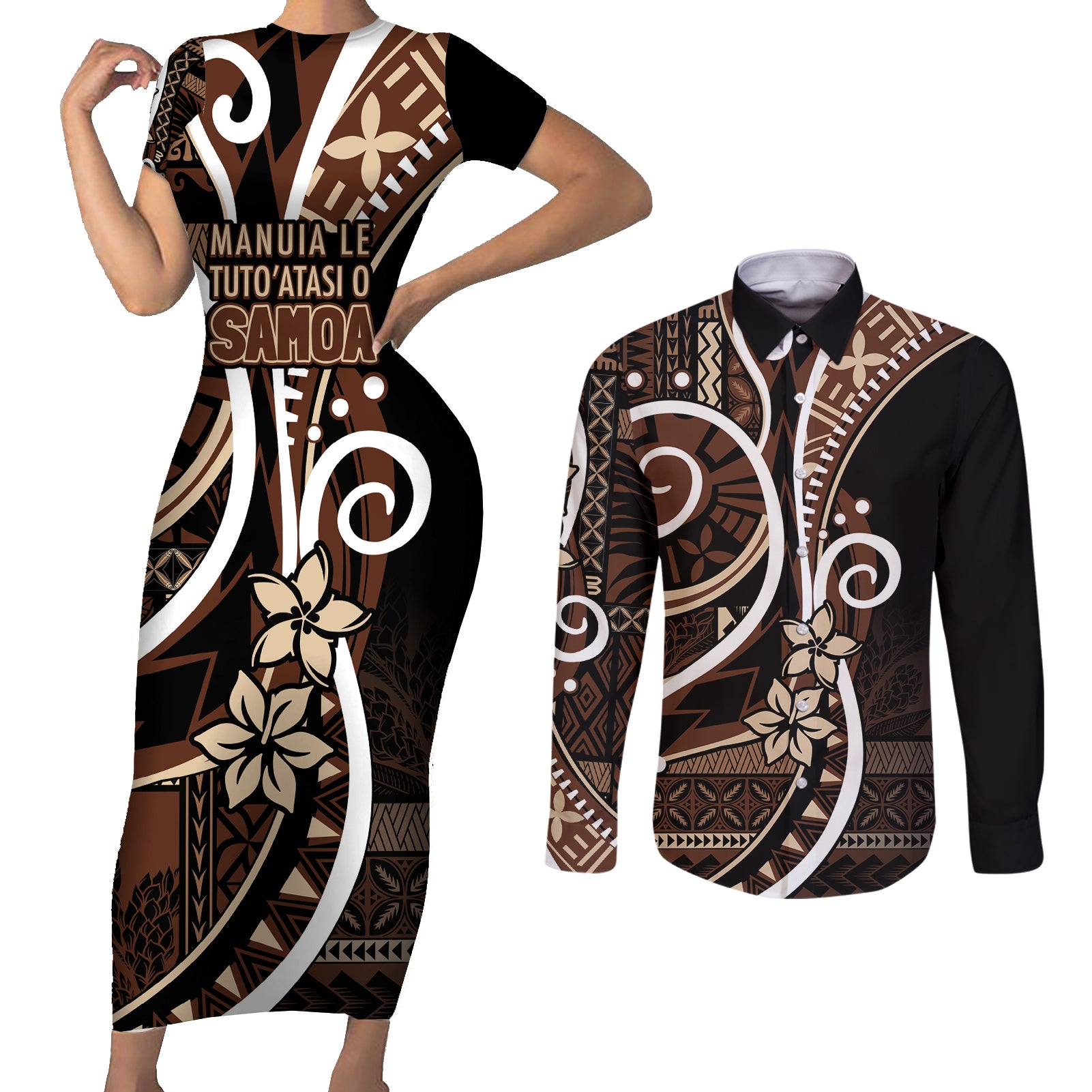 Samoa Siapo Classic Motif Couples Matching Short Sleeve Bodycon Dress and Long Sleeve Button Shirt Manuia le tuto’atasi o Samoa Independence Black Style