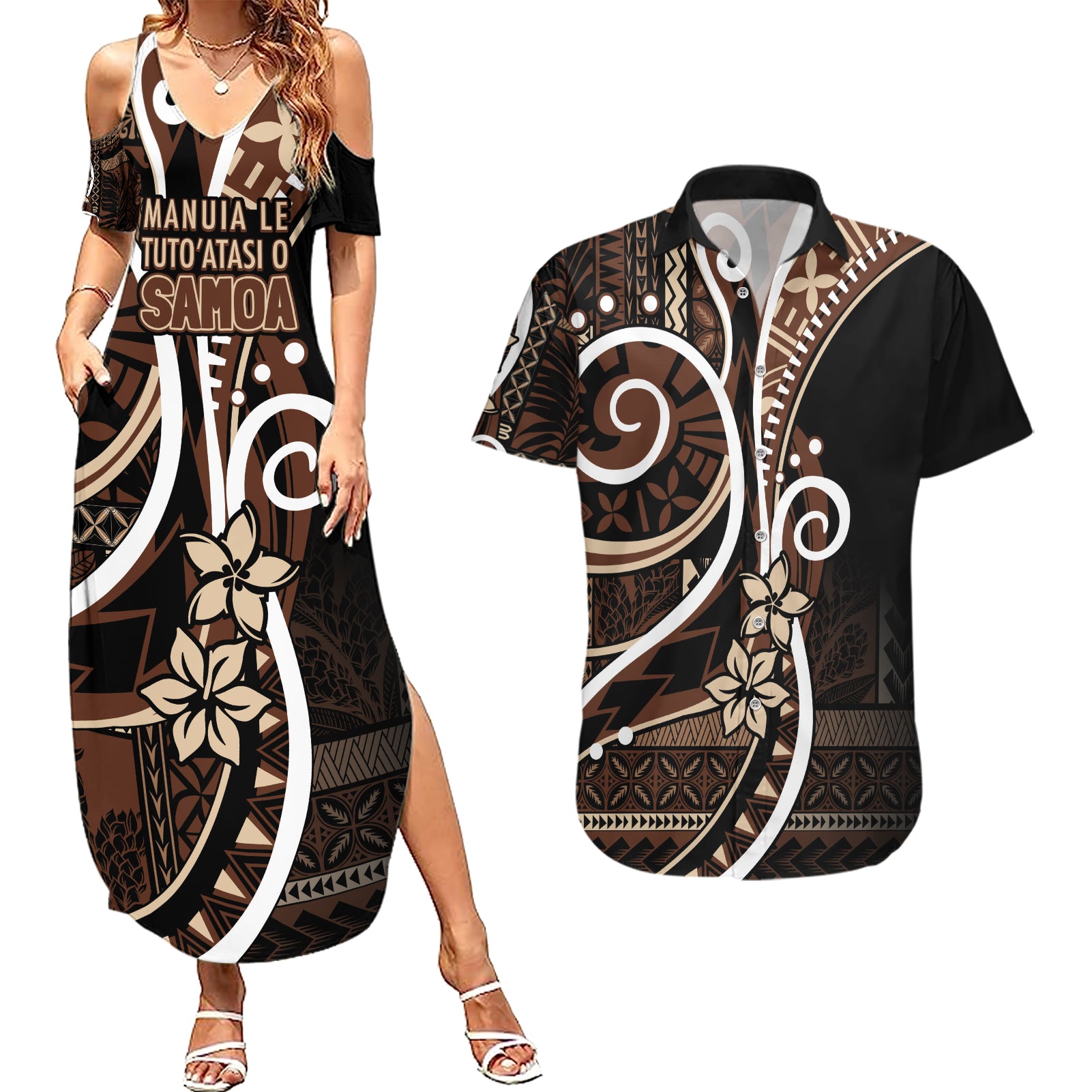 Samoa Siapo Classic Motif Couples Matching Summer Maxi Dress and Hawaiian Shirt Manuia le tuto’atasi o Samoa Independence Black Style