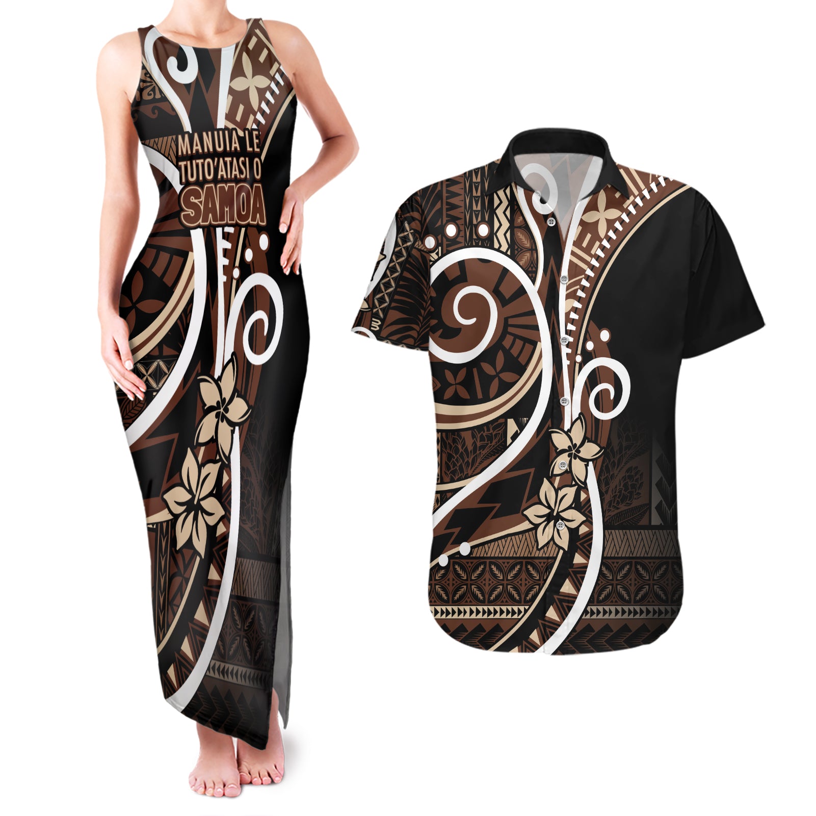 Samoa Siapo Classic Motif Couples Matching Tank Maxi Dress and Hawaiian Shirt Manuia le tuto’atasi o Samoa Independence Black Style