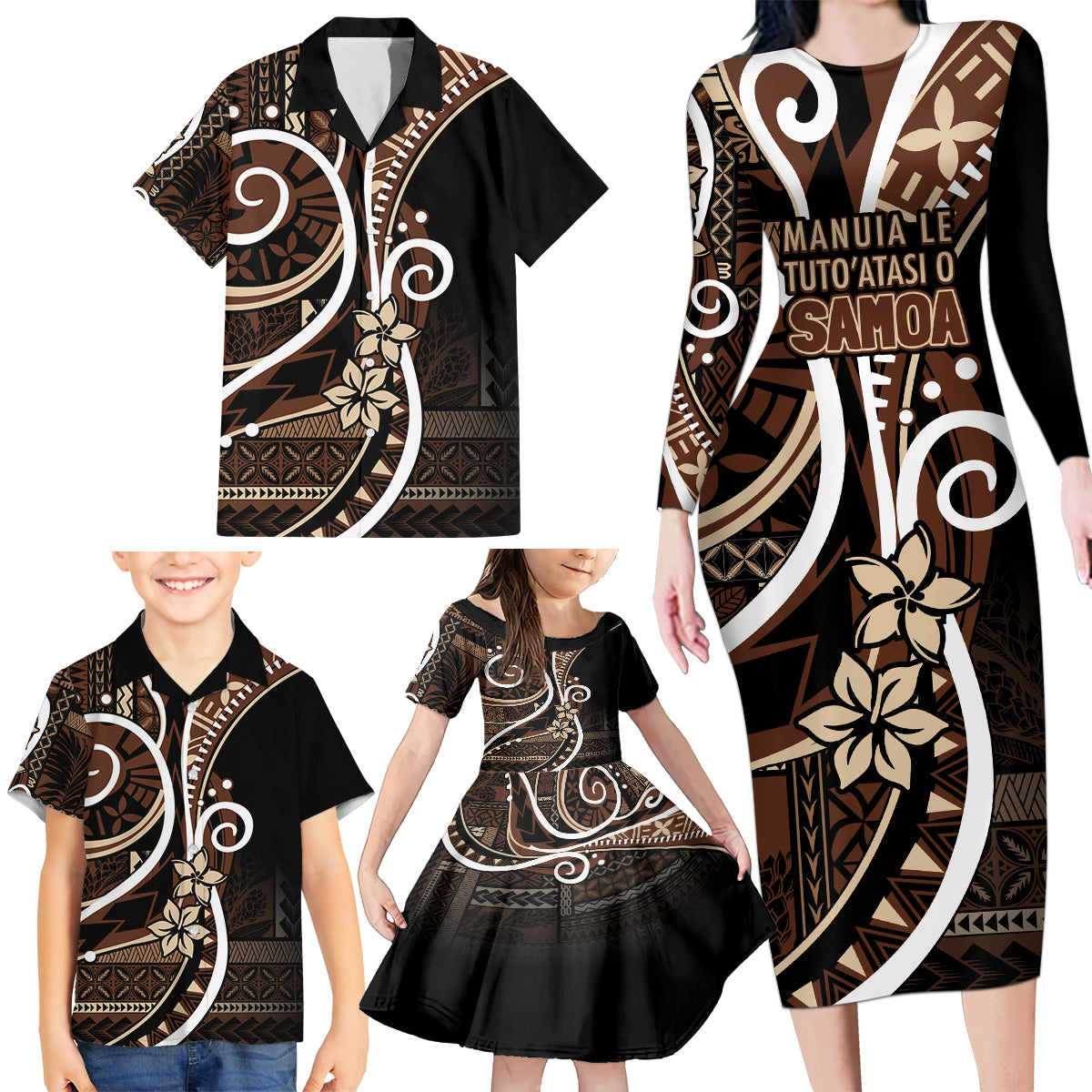 Samoa Siapo Classic Motif Family Matching Long Sleeve Bodycon Dress and Hawaiian Shirt Manuia le tuto’atasi o Samoa Independence Black Style