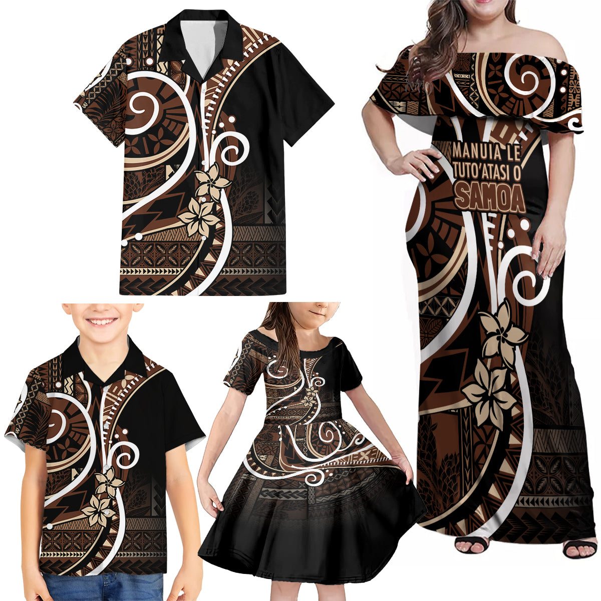 Samoa Siapo Classic Motif Family Matching Off Shoulder Maxi Dress and Hawaiian Shirt Manuia le tuto’atasi o Samoa Independence Black Style