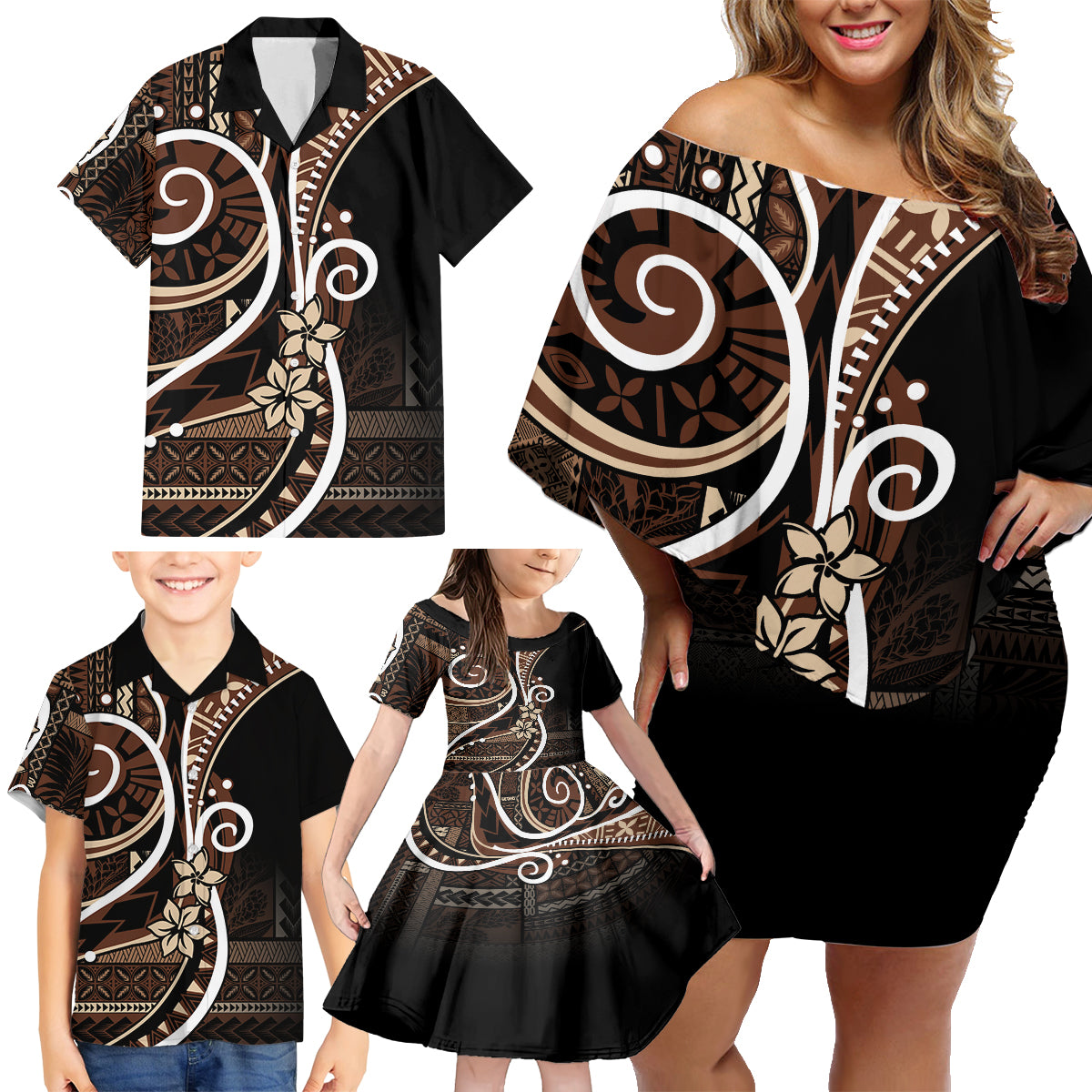 Samoa Siapo Classic Motif Family Matching Off Shoulder Short Dress and Hawaiian Shirt Manuia le tuto’atasi o Samoa Independence Black Style