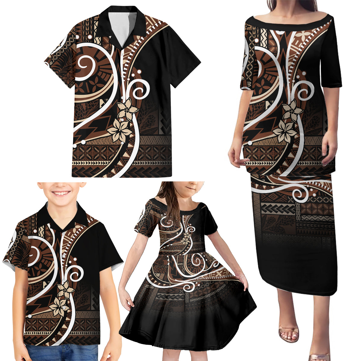 Samoa Siapo Classic Motif Family Matching Puletasi and Hawaiian Shirt Manuia le tuto’atasi o Samoa Independence Black Style