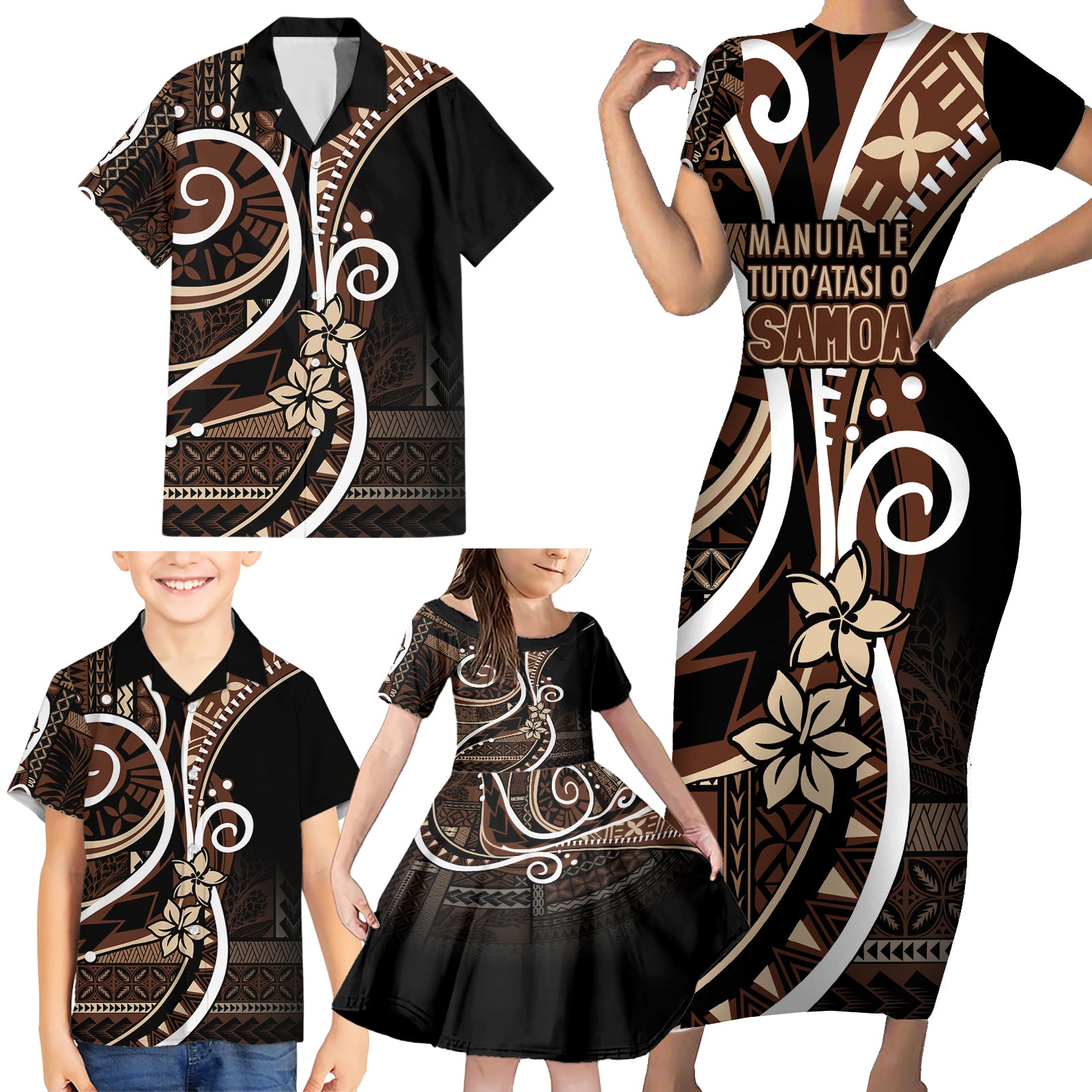 Samoa Siapo Classic Motif Family Matching Short Sleeve Bodycon Dress and Hawaiian Shirt Manuia le tuto’atasi o Samoa Independence Black Style