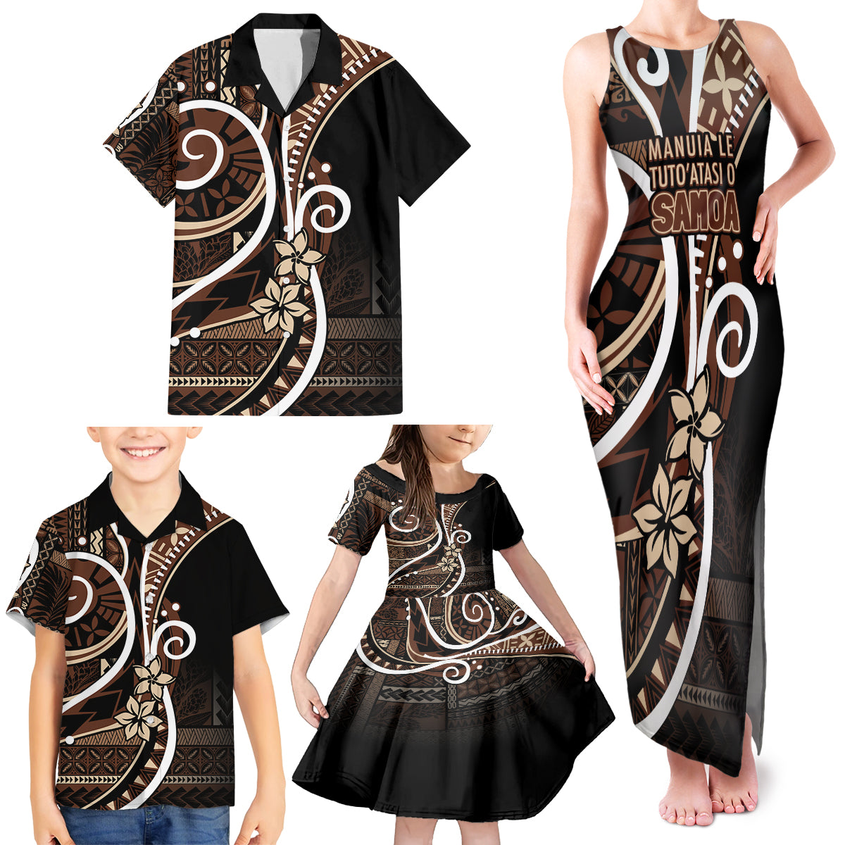 Samoa Siapo Classic Motif Family Matching Tank Maxi Dress and Hawaiian Shirt Manuia le tuto’atasi o Samoa Independence Black Style