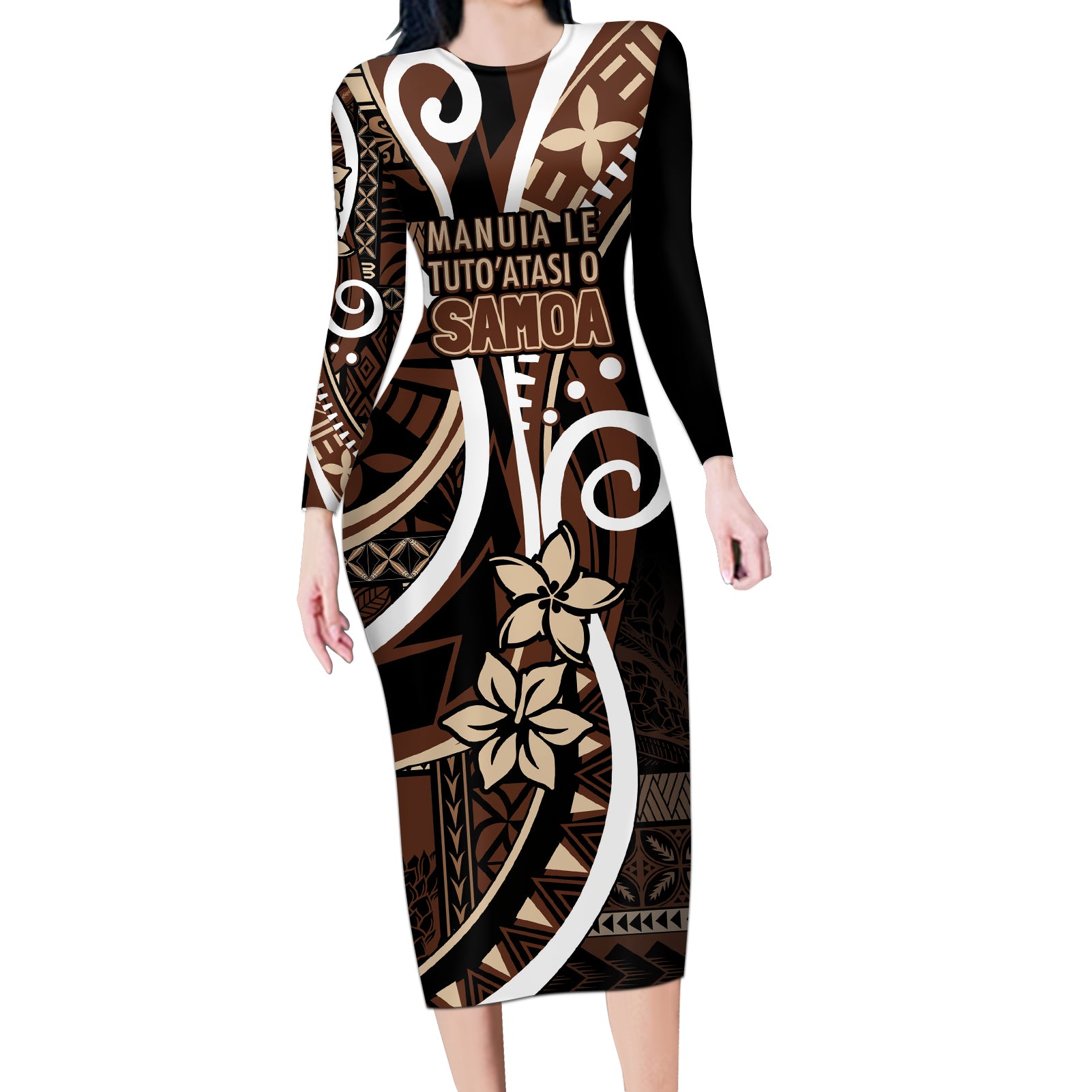 Samoa Siapo Classic Motif Long Sleeve Bodycon Dress Manuia le tuto’atasi o Samoa Independence Black Style