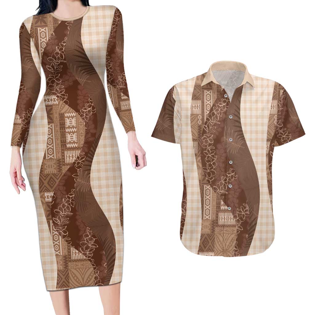 Polynesian Tribal Pattern Patchwork Picturesque Couples Matching Long Sleeve Bodycon Dress and Hawaiian Shirt Mocha LT7 Mocha - Polynesian Pride