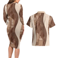Polynesian Tribal Pattern Patchwork Picturesque Couples Matching Long Sleeve Bodycon Dress and Hawaiian Shirt Mocha LT7 - Polynesian Pride