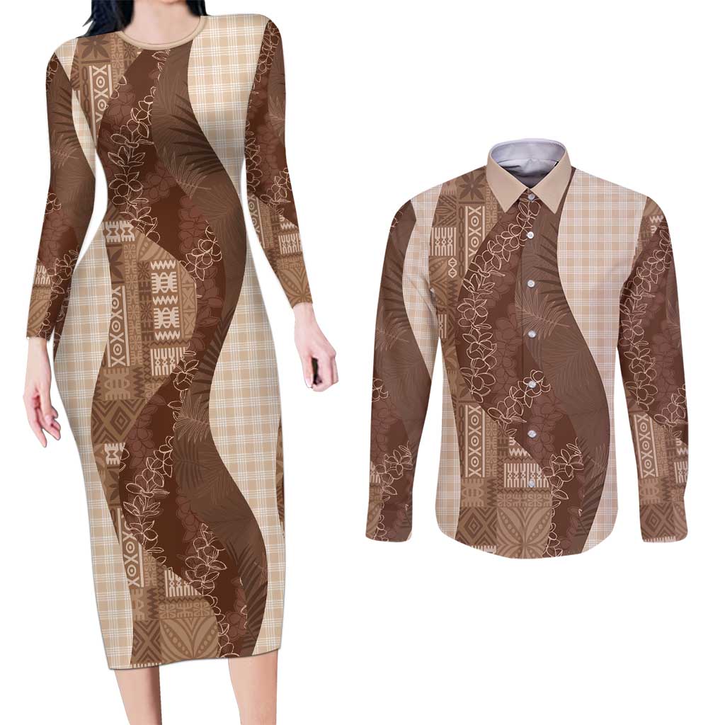 Polynesian Tribal Pattern Patchwork Picturesque Couples Matching Long Sleeve Bodycon Dress and Long Sleeve Button Shirt Mocha LT7 Mocha - Polynesian Pride