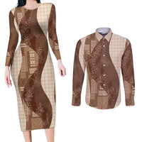 Polynesian Tribal Pattern Patchwork Picturesque Couples Matching Long Sleeve Bodycon Dress and Long Sleeve Button Shirt Mocha LT7 Mocha - Polynesian Pride