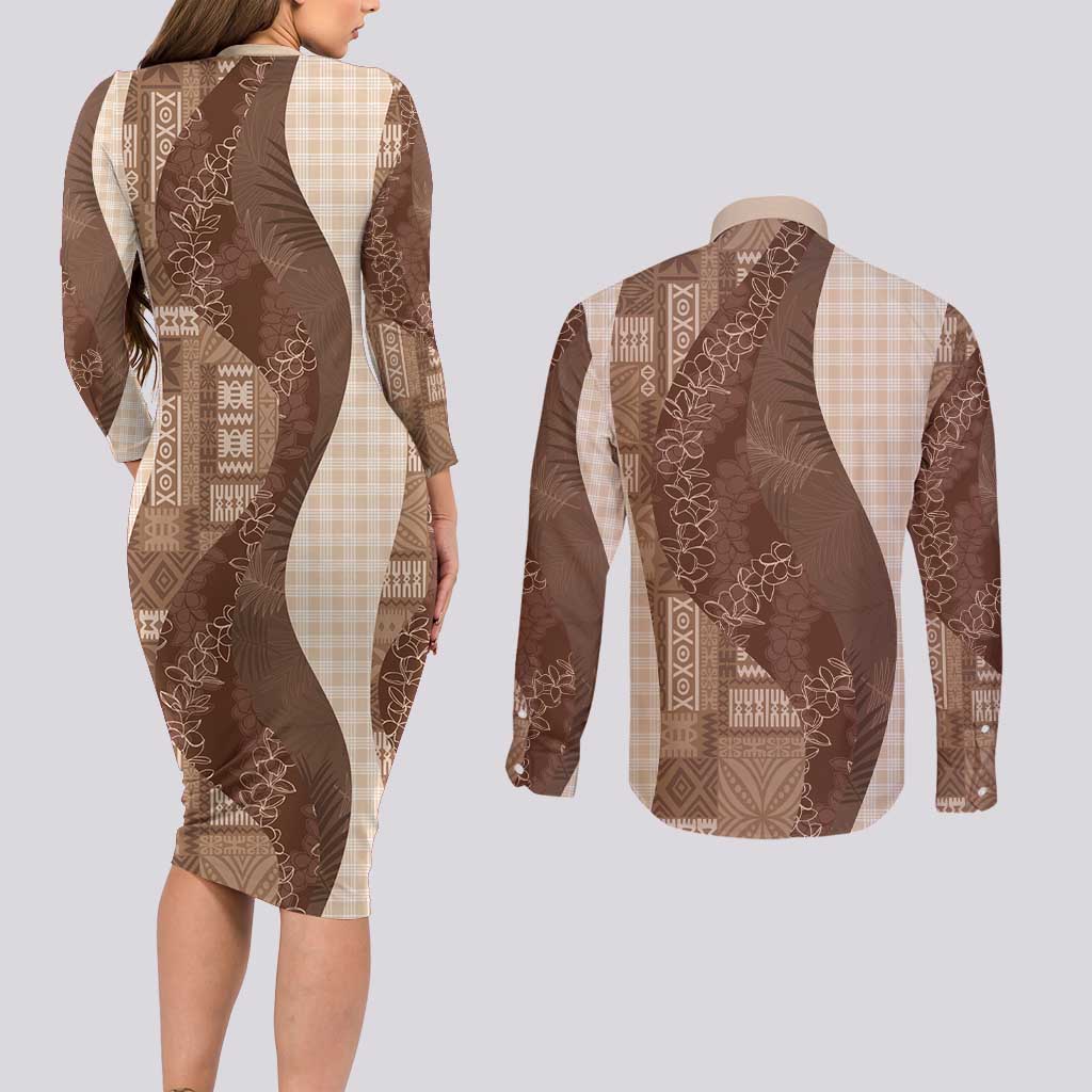 Polynesian Tribal Pattern Patchwork Picturesque Couples Matching Long Sleeve Bodycon Dress and Long Sleeve Button Shirt Mocha LT7 - Polynesian Pride