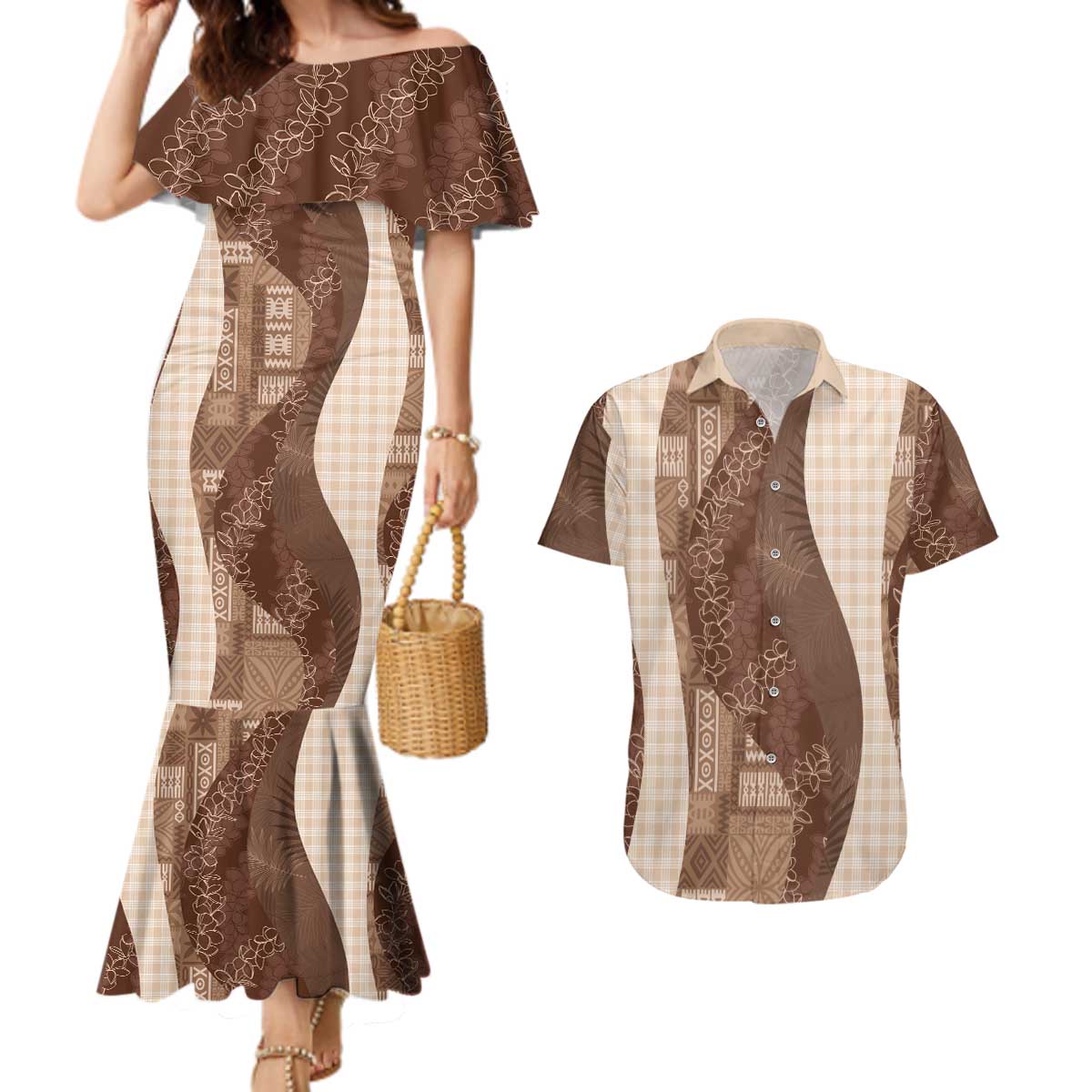 Polynesian Tribal Pattern Patchwork Picturesque Couples Matching Mermaid Dress and Hawaiian Shirt Mocha LT7 Mocha - Polynesian Pride