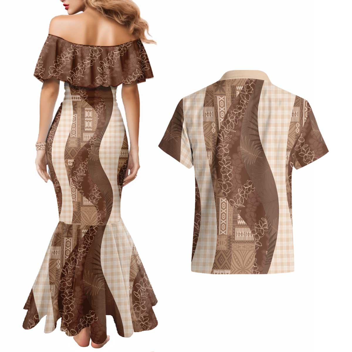 Polynesian Tribal Pattern Patchwork Picturesque Couples Matching Mermaid Dress and Hawaiian Shirt Mocha LT7 - Polynesian Pride