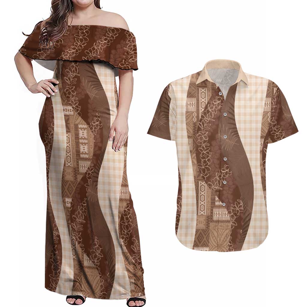Polynesian Tribal Pattern Patchwork Picturesque Couples Matching Off Shoulder Maxi Dress and Hawaiian Shirt Mocha LT7 Mocha - Polynesian Pride