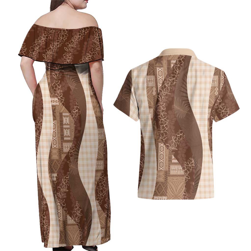 Polynesian Tribal Pattern Patchwork Picturesque Couples Matching Off Shoulder Maxi Dress and Hawaiian Shirt Mocha LT7 - Polynesian Pride