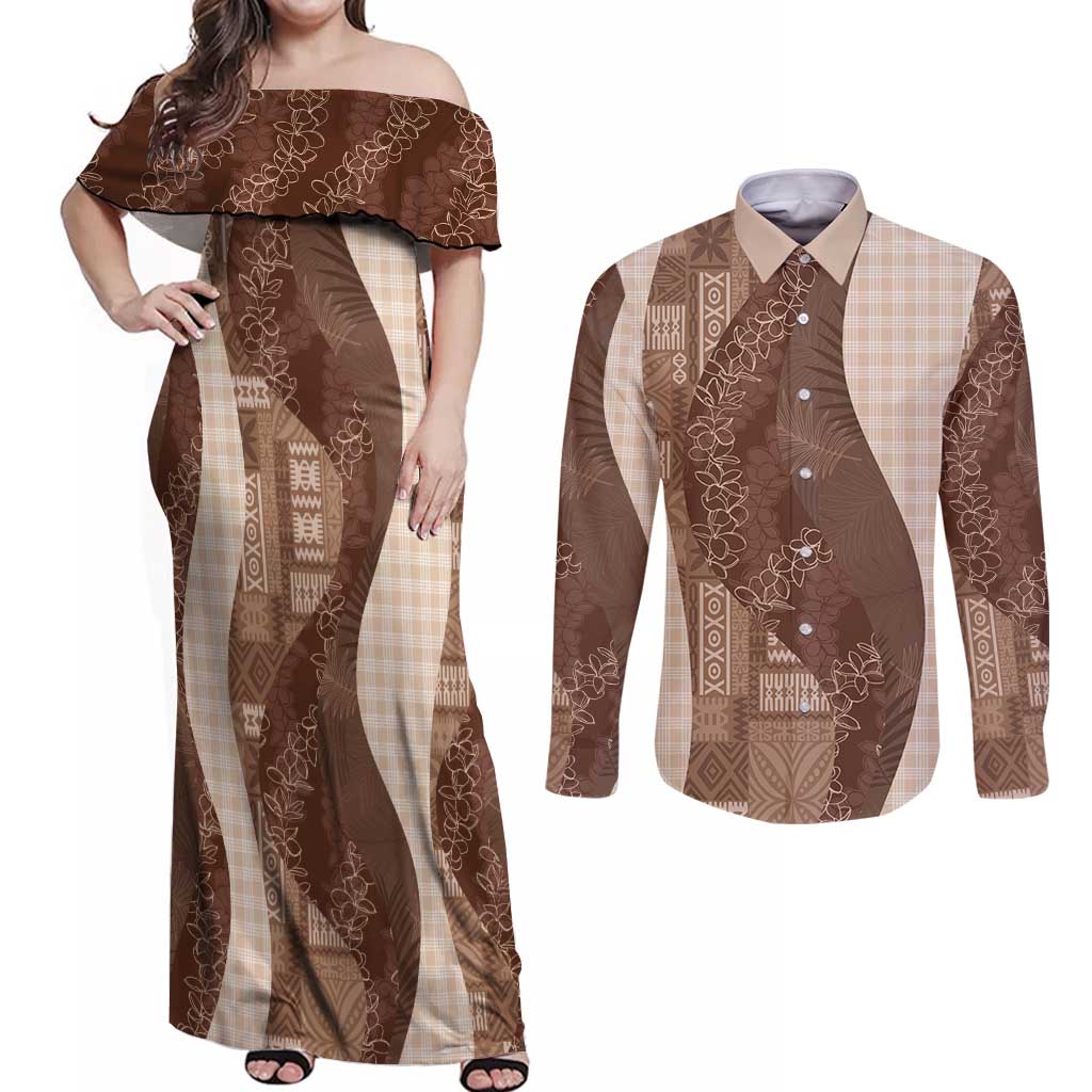 Polynesian Tribal Pattern Patchwork Picturesque Couples Matching Off Shoulder Maxi Dress and Long Sleeve Button Shirt Mocha LT7 Mocha - Polynesian Pride