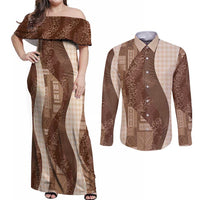 Polynesian Tribal Pattern Patchwork Picturesque Couples Matching Off Shoulder Maxi Dress and Long Sleeve Button Shirt Mocha LT7 Mocha - Polynesian Pride