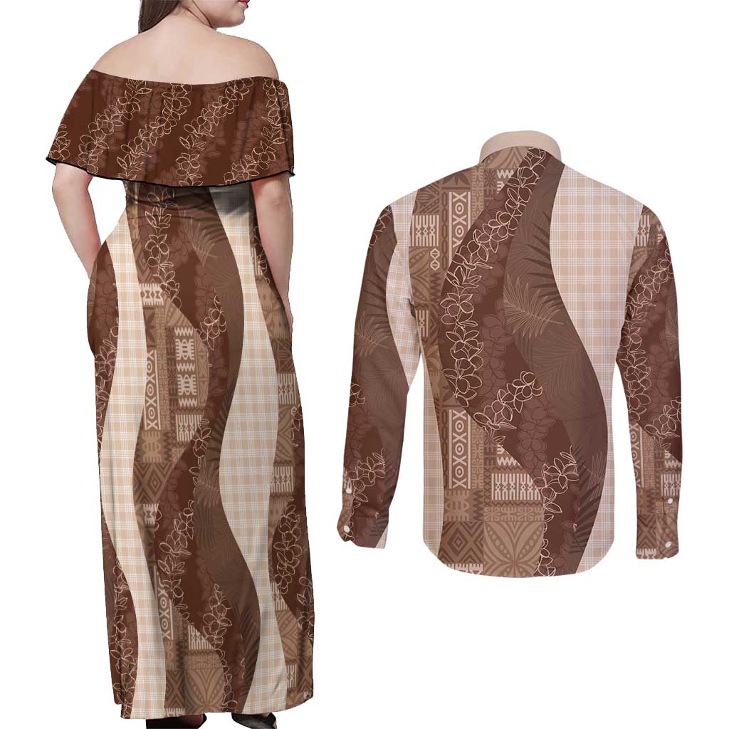 Polynesian Tribal Pattern Patchwork Picturesque Couples Matching Off Shoulder Maxi Dress and Long Sleeve Button Shirt Mocha LT7 - Polynesian Pride