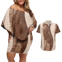 Polynesian Tribal Pattern Patchwork Picturesque Couples Matching Off Shoulder Short Dress and Hawaiian Shirt Mocha LT7 Mocha - Polynesian Pride