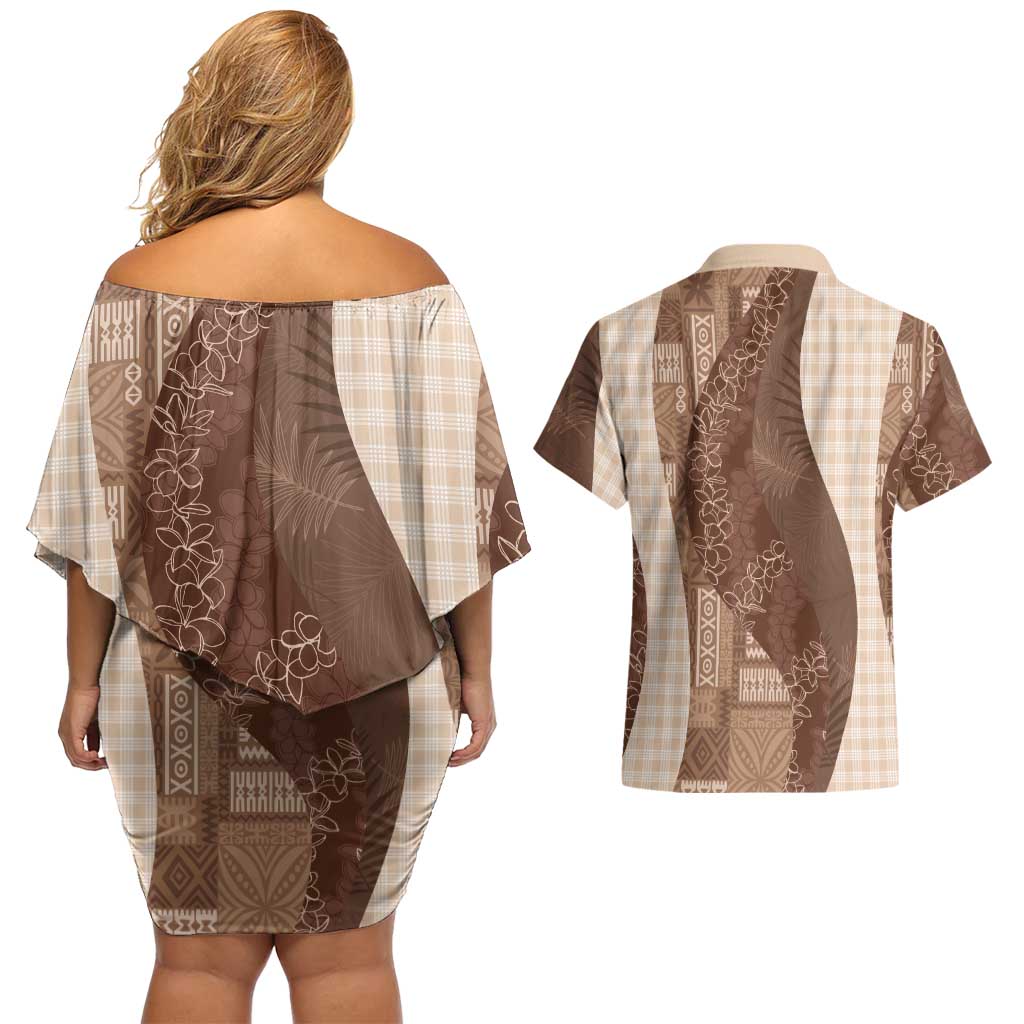 Polynesian Tribal Pattern Patchwork Picturesque Couples Matching Off Shoulder Short Dress and Hawaiian Shirt Mocha LT7 - Polynesian Pride