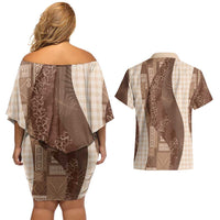 Polynesian Tribal Pattern Patchwork Picturesque Couples Matching Off Shoulder Short Dress and Hawaiian Shirt Mocha LT7 - Polynesian Pride