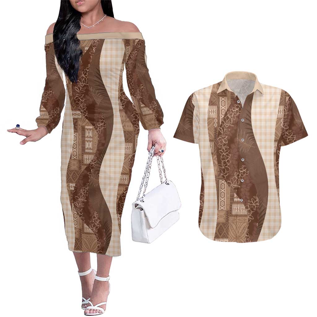 Polynesian Tribal Pattern Patchwork Picturesque Couples Matching Off The Shoulder Long Sleeve Dress and Hawaiian Shirt Mocha LT7 Mocha - Polynesian Pride