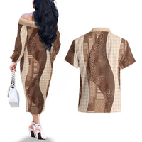 Polynesian Tribal Pattern Patchwork Picturesque Couples Matching Off The Shoulder Long Sleeve Dress and Hawaiian Shirt Mocha LT7 - Polynesian Pride