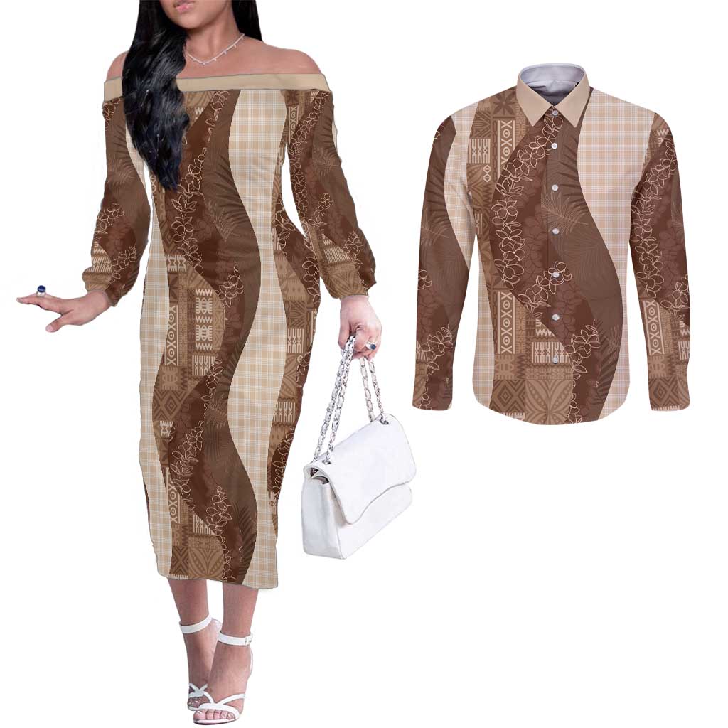 Polynesian Tribal Pattern Patchwork Picturesque Couples Matching Off The Shoulder Long Sleeve Dress and Long Sleeve Button Shirt Mocha LT7 Mocha - Polynesian Pride