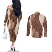 Polynesian Tribal Pattern Patchwork Picturesque Couples Matching Off The Shoulder Long Sleeve Dress and Long Sleeve Button Shirt Mocha LT7 - Polynesian Pride